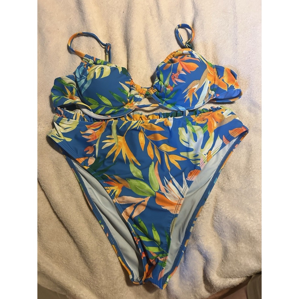Women's Tropical Floral Bikini Set XL Blue Orange Underwire Swim Suit